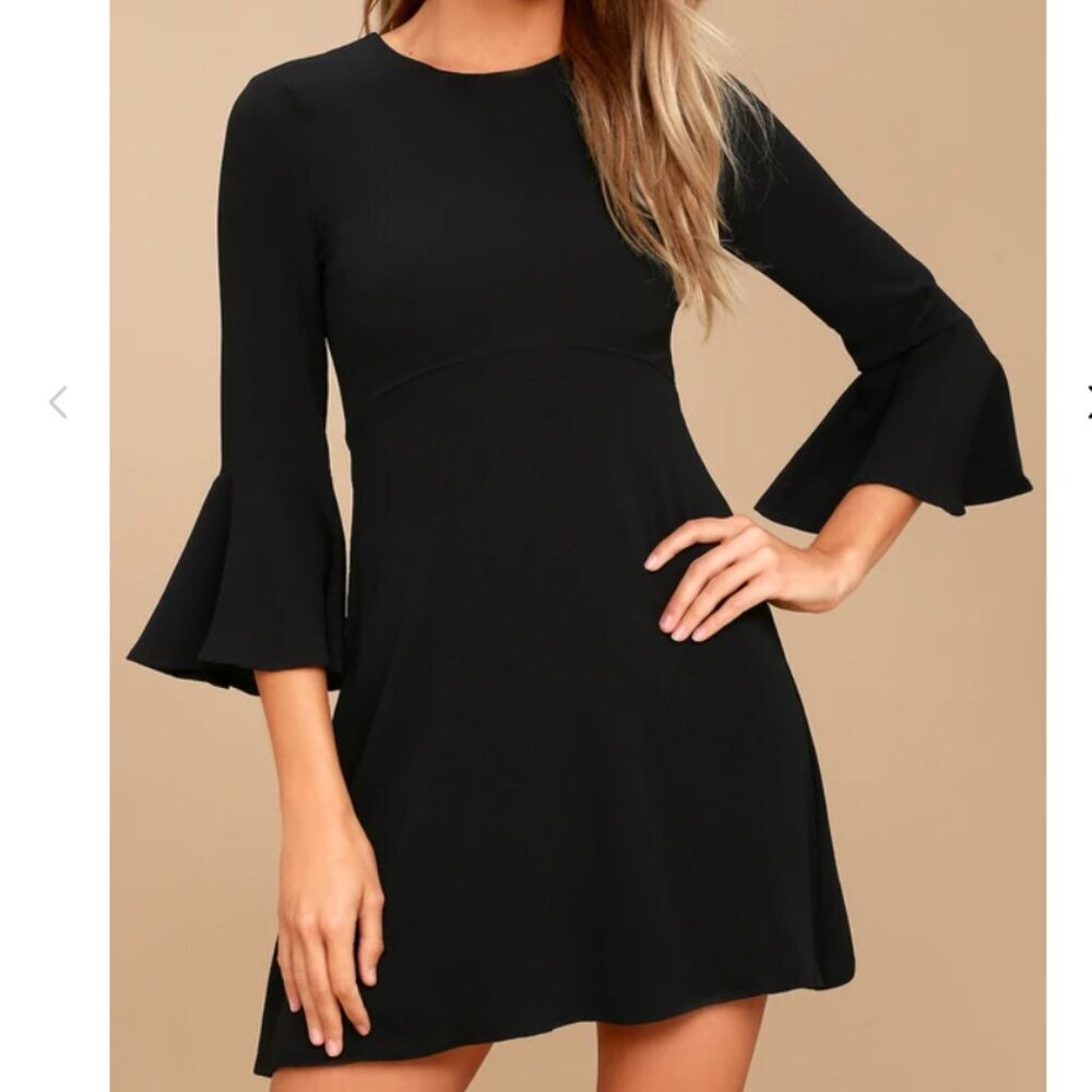 Lulus Center of Attention Black Flounce Sleeve Dress
